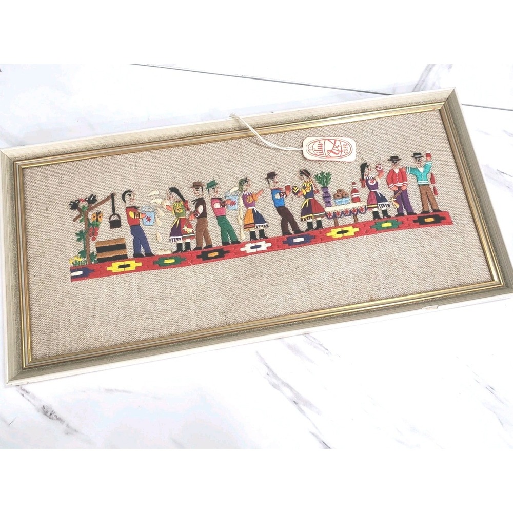 Vintage Framed Embroidery Folk Art-Slovakia/Denmark- Colorful Celebration Decor